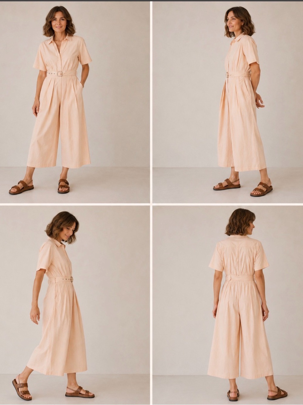 Ritu Kumar Light Beige Wide Leg Jumpsuit Belted Collared Cropped Pants M-L - Picture 2 of 8